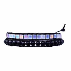 Men&#39;s &quot;STONE TILE WRAP&quot; Bracelet| Men&#39;s Blue Iris Hematite Tile Matte Black Onyx Black Leather Double Wrap Bracelet| Mens Wrap Bead Bracelet