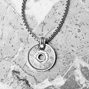 Men's "JAPANESE LUCK COIN" Necklace| Men's Silver Stainless Steel Japanese Sen Good Luck Coin Pendant Necklace| Mens Silver Chain Necklace