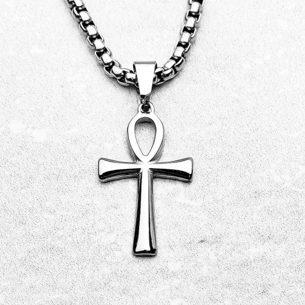 Men's "SILVER ANKH" Necklace| Men's Silver Stainless Steel Ankh Pendant Necklace| Men's Silver Stainless Steel Box Chain Necklace