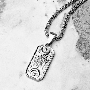 Men&#39;s &quot;PROTECTION EVIL EYE&quot; Necklace| Men&#39;s Silver Stainless Steel Evil Eye Dog Tag Pendant Necklace| Mens Silver Box Chain Pendant Necklace