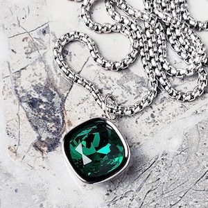 Men&#39;s &quot;SILVER EMERALD&quot; Necklace| Men&#39;s Silver Stainless Steel Emerald Gemstone Pendant Necklace| Men&#39;s Silver May Birthstone Pendant