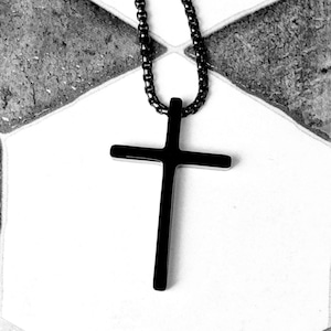 Men&#39;s &quot;BLACK SLEEK CROSS&quot; Necklace| Men&#39;s Black Stainless Steel Cross Pendant Necklace| Men Black Stainless Steel Box Chain Cross Necklace