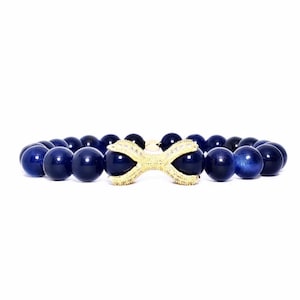 Men&#39;s &quot;GOLD SAPPHIRE CLAW&quot; Bracelet| Men&#39;s Gold Pavé Cubic Zirconia Eagle Claw Bead Bracelet| Men&#39;s Blue Agate Gemstone Eagle Talon Bracelet