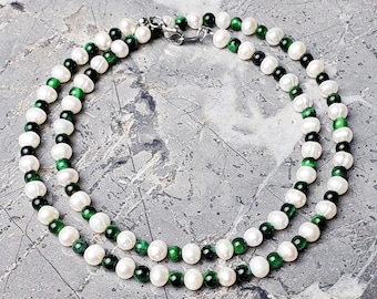 Men's "EMERALD PEARLS" Necklace| Men's Emerald Tiger Eye Gemstones Freshwater Pearls Necklace| Men's Freshwater Pearls Beaded Necklace