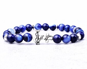 Men's "STEEL ANCHOR" Bracelet| Men's Silver Stainless Steel Anchor Bead Bracelet| Men's Blue Banded Agate Gemstone Bracelet| Men's Bracelet