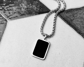 Men's "BLACK ONYX TAG" Necklace| Men's Silver Stainless Steel Black Onyx Gemstone Mini Dog Tag Pendant Necklace| Men's Box Chain Necklace