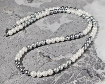 Men's "OMBRE SILVER PEARLS" Necklace| Men's Ombre Ivory Silver Gray Shell Pearls Necklace| Men's Silver Shell Pearls Beaded Necklace