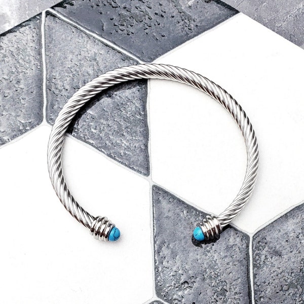 Pulsera "SILVER TURQUOISE CUFF" para hombre/ Pulsera de alambre de piedra preciosa turquesa de acero inoxidable plateado para hombre/ Brazalete de acero inoxidable para hombre