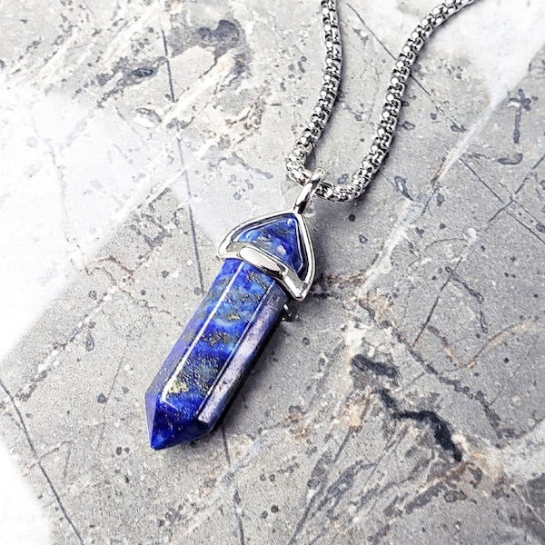 Men's "LAPIS STONE BULLET" Necklace| Men's Silver Stainless Steel Lapis Lazuli Gemstone Bullet Pendant Necklace| Men's Chain Necklace