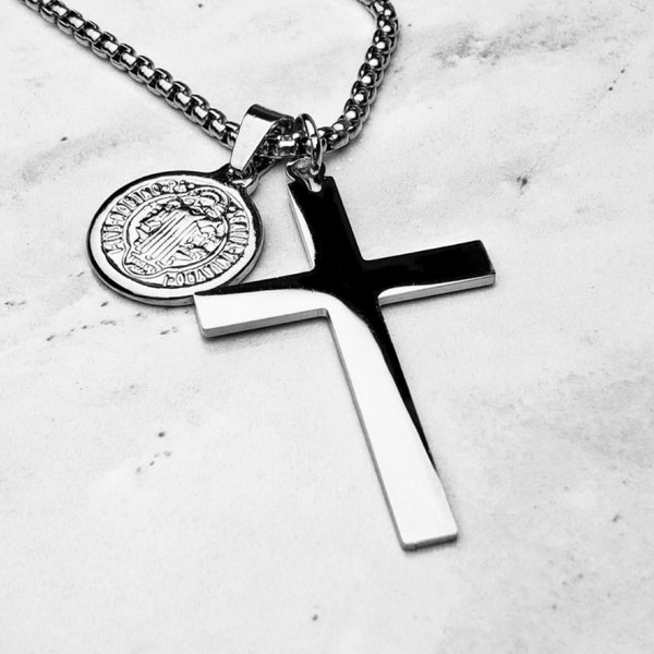 Men's "SILVER SAINTS CROSS" Necklace| Men's Silver Stainless Steel Cross Saint Benedict Coin Pendant Necklace| Men's Silver Chain Necklace