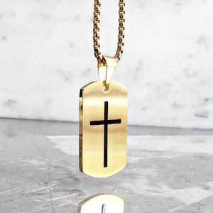 Men's CROSS DOG TAG Necklace | Men's Matte Gold & Black Stainless Steel Cross Dog Tag Pendant Box Chain Necklace