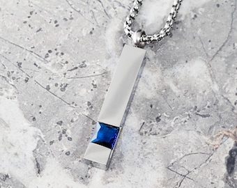 Men's "SILVER SAPPHIRE BAR" Necklace| Men's Silver Stainless Steel Sapphire Bar Tag Pendant Necklace| Mens Silver Sapphire Bar Necklace