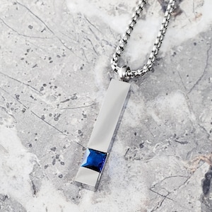 Men&#39;s &quot;SILVER SAPPHIRE BAR&quot; Necklace| Men&#39;s Silver Stainless Steel Sapphire Bar Tag Pendant Necklace| Mens Silver Sapphire Bar Necklace