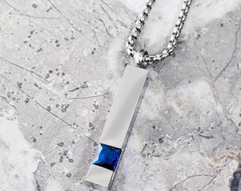 Men&#39;s &quot;SILVER SAPPHIRE BAR&quot; Necklace| Men&#39;s Silver Stainless Steel Sapphire Bar Tag Pendant Necklace| Mens Silver Sapphire Bar Necklace
