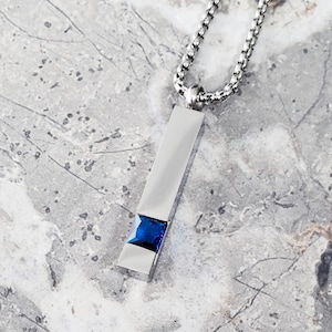 Men's "SILVER SAPPHIRE BAR" Necklace| Men's Silver Stainless Steel Sapphire Bar Tag Pendant Necklace| Mens Silver Sapphire Bar Necklace