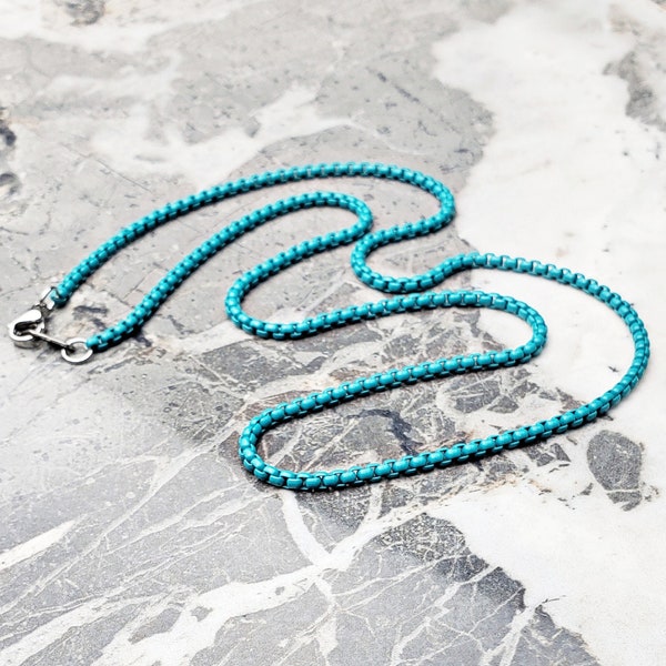 Men's "TURQUOISE BOX CHAIN" Necklace| Men's Dark Turquoise Stainless Steel Box Chain Necklace| Men Dark Turquoise Box Chain Necklace