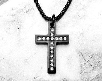 Men's "BLACK PAVÉ CROSS" Necklace| Men's Black Stainless Steel Pavé Cubic Zirconia Cross Pendant Necklace| Mens Black Box Chain Necklace