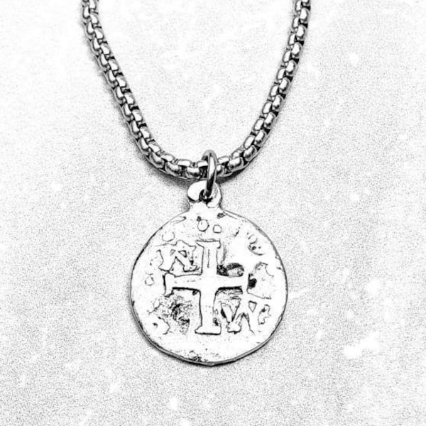 Men's "SHIPWRECK ATOCHA COIN" Necklace| Men's Silver Pewter Shipwreck Atocha Replica Coin Pendant Necklace| Men's Silver Chain Necklace