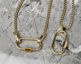 Men's "GOLD AMULET CARRIER" Necklace| Men's Gold Stainless Steel Amulet Caribiner Ring Clasp Necklace| Mens Amulet Carrier Pendant Necklaces