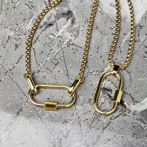 Men's "GOLD AMULET CARRIER" Necklace| Men's Gold Stainless Steel Amulet Caribiner Ring Clasp Necklace| Mens Amulet Carrier Pendant Necklaces