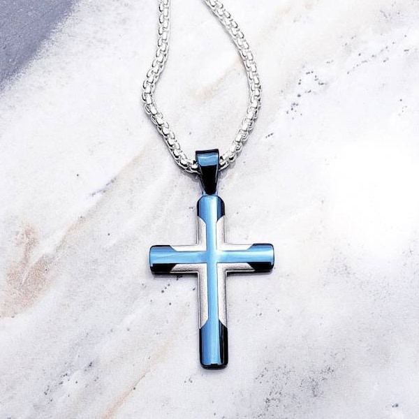 Men's "PLATINUM BLUE CROSS" Necklace| Men's Platinum Silver & Blue Stainless Steel Cross Pendant Necklace| Men's Platinum Box Chain Necklace