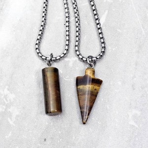 Men&#39;s &quot;TIGER EYE STONE&quot; Necklace| Men&#39;s Tiger Eye Gemstone Arrowhead Column Pendant Necklace| Men&#39;s Silver Stainless Steel Chain Necklace