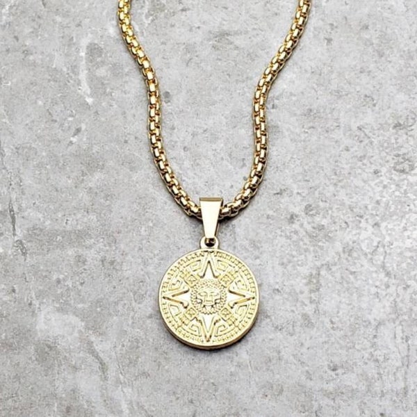 Men's "AZTEC CALENDAR MEDALLION" Necklace| Men's Gold Stainless Steel Aztec Calendar Coin Pendant Necklace| Men's Gold Box Chain Necklace