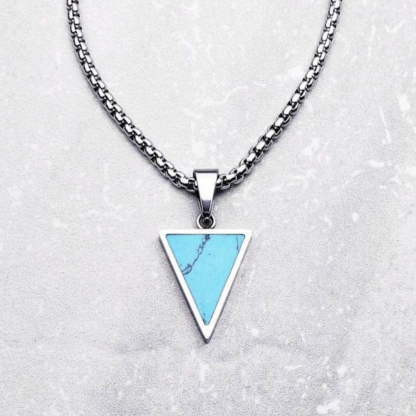 Men's "TURQUOISE GEO TRIANGLE" Necklace| Men's Silver Stainless Steel Turquoise Stone Geo Triangle Pendant Necklace| Men's Chain Necklace