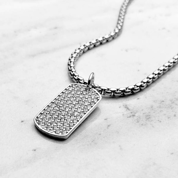 Men's "PAVÉ DOG TAG" Necklace| Men's Pavé Cubic Zirconia Silver Stainless Steel Mini Dog Tag Pendant Necklace| Men Silver Box Chain Necklace