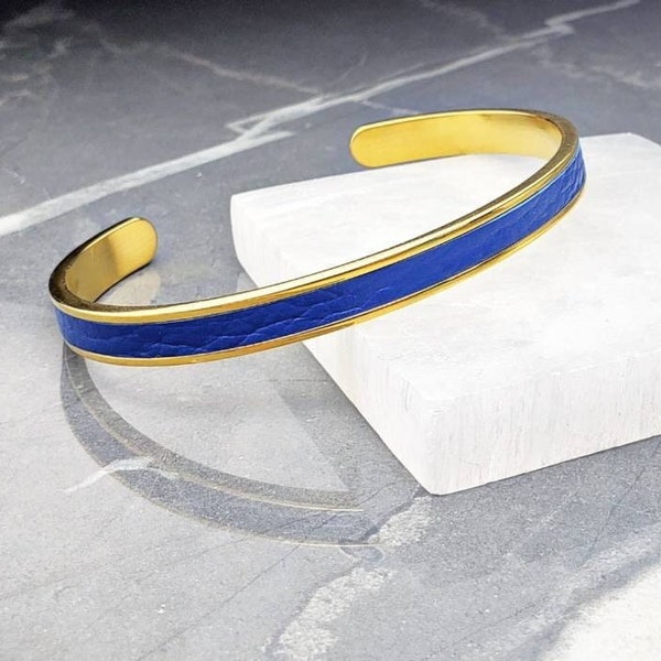 Men's "STEEL LEATHER CUFF" Bracelet| Men's Gold Stainless Steel Blue Leather Inlay Cuff Bracelet| Men's Blue Leather Cuff Bracelet