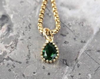 Men's MINI GOLD EMERALD Necklace | Men's Lab Grown Emerald Gemstone Gold Stainless Steel Mini Drop Pendant Necklace | Men's May Birthstone