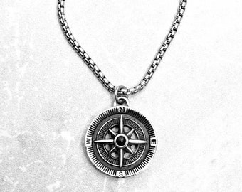 Men's "SILVER ONYX COMPASS" Necklace| Men's Silver Stainless Steel Onyx Stone Compass Pendant Necklace| Men's Silver Box Chain Necklace