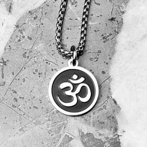 Men&#39;s &quot;SILVER OM COIN&quot; Necklace| Men&#39;s Silver & Black Stainless Steel Om Coin Pendant Necklace| Men&#39;s Stainless Steel Box Chain Necklace