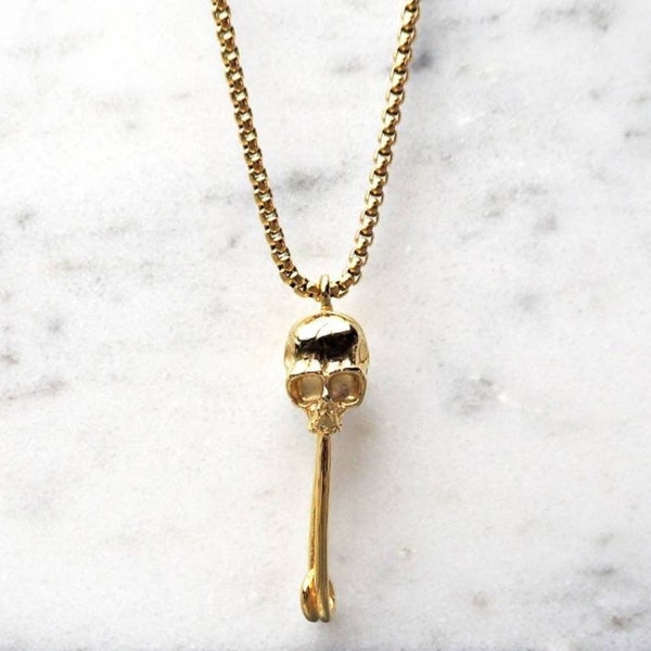 Men's GOLD SKULL AMULET Necklace | Men's Gold Stainless Steel Skull Amulet Pendant Box Chain Necklace