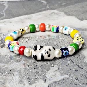 Men's "PANDA & PEARLS" Bracelet| Men's Ivory Pearls Multicolor Millefiori Evil Eye Panda Smiley Face Bead Bracelet| Men's Pearl Bracelet