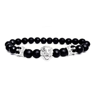 Men&#39;s &quot;ROYAL LION&quot; Bracelet| Men&#39;s Silver Pavé Cubic Zirconia Lionhead Crowns Bracelet| Men&#39;s Matte Black Onyx Gemstone Lion Crowns Bracelet