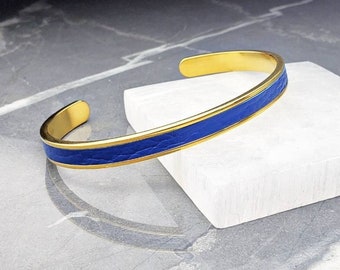 Men's "STEEL LEATHER CUFF" Bracelet| Men's Gold Stainless Steel Blue Leather Inlay Cuff Bracelet| Men's Blue Leather Cuff Bracelet