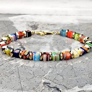Men's "MILLEFIORI CUBES" Bracelet| Men's Multicolor Millefiori Venetian Glass Cubes Gold Hematite Bracelet Bracelet| Men's Gold Bracelet