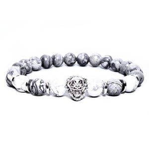 Men&#39;s &quot;LION GRANITE&quot; Bracelet| Men&#39;s Pavé Silver Lion Bracelet| Men&#39;s Gray Map Jasper White Howlite Gemstone Bracelet| Men&#39;s Leo Bracelet