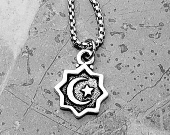Men's "CRESCENT MOON & STAR" Necklace| Men's Silver Pewter Crescent Moon Star Coin Amulet Necklace| Mens Silver Box Chain Necklace