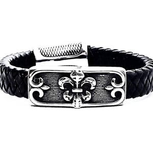 Men&#39;s &quot;FLEUR DE LIS&quot; Leather Bracelet| Men Black Red Leather Magnetic Clasp Bracelet| Men&#39;s Silver Stainless Steel Fleur de Lis Leather Cuff