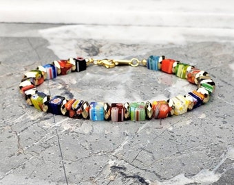 Men's "MILLEFIORI CUBES" Bracelet| Men's Multicolor Millefiori Venetian Glass Cubes Gold Hematite Bracelet Bracelet| Men's Gold Bracelet