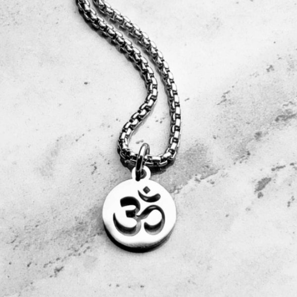 Men's "SILVER OM COIN" Necklace| Men's Silver Stainless Steel Om Coin Pendant Necklace| Men's Silver Stainless Steel Box Chain Necklace