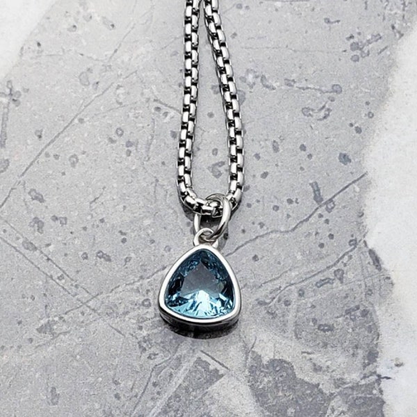 Men's "SILVER BLUE ZIRCON" Necklace| Men's Silver Stainless Steel Mini Blue Zircon Stone Pendant Necklace| Mens December Birthstone Necklace