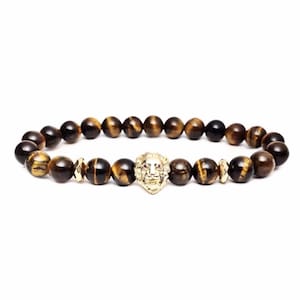 Men&#39;s &quot;LION&#39;S TIGER&quot; Bracelet| Men&#39;s Gold Pavé Cubic Zirconia Lion Bracelet| Men&#39;s Tiger Eye Gold Hematite Gemstone Lion Bracelet