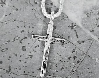 Men's RUSTIC PLATINUM CROSS Necklace | Men's Platinum Stainless Steel Rustic Cross Pendant Box Chain Necklace