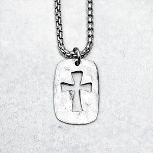 Herren RUSTIC CROSS TAG Halskette | Herren Silber Edelstahl Rustikal Kreuz Dog Tag Anhänger Box Kette Halskette