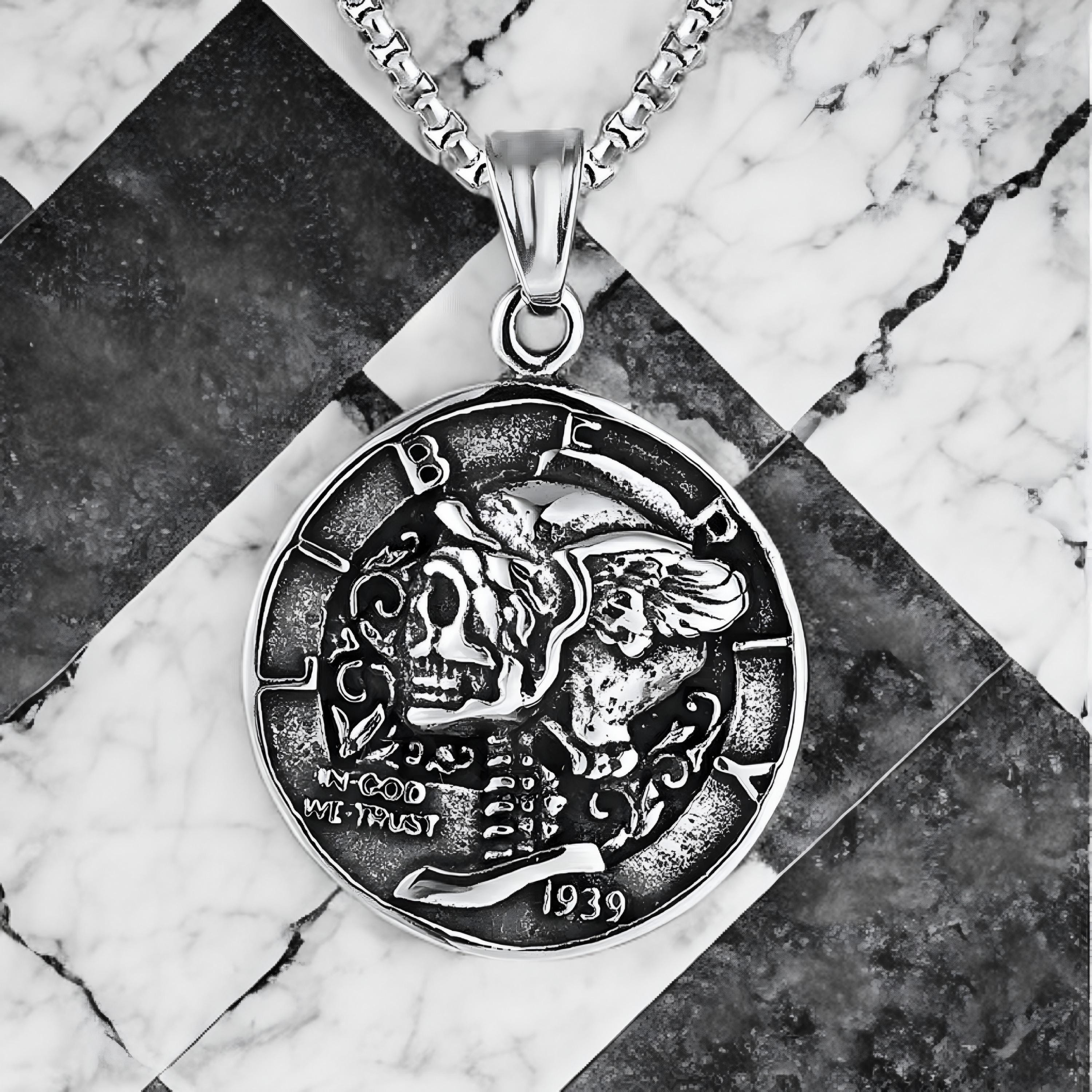Men's SKULL LIBERTY COIN Necklace | Men's Silver Stainless Steel Skull ...