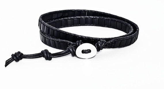 ●tow tow archive● Feverfew Leather Bead Bracelet Black TBH Mens Black Leather Bracelet Engraved - Fathers Day Gift