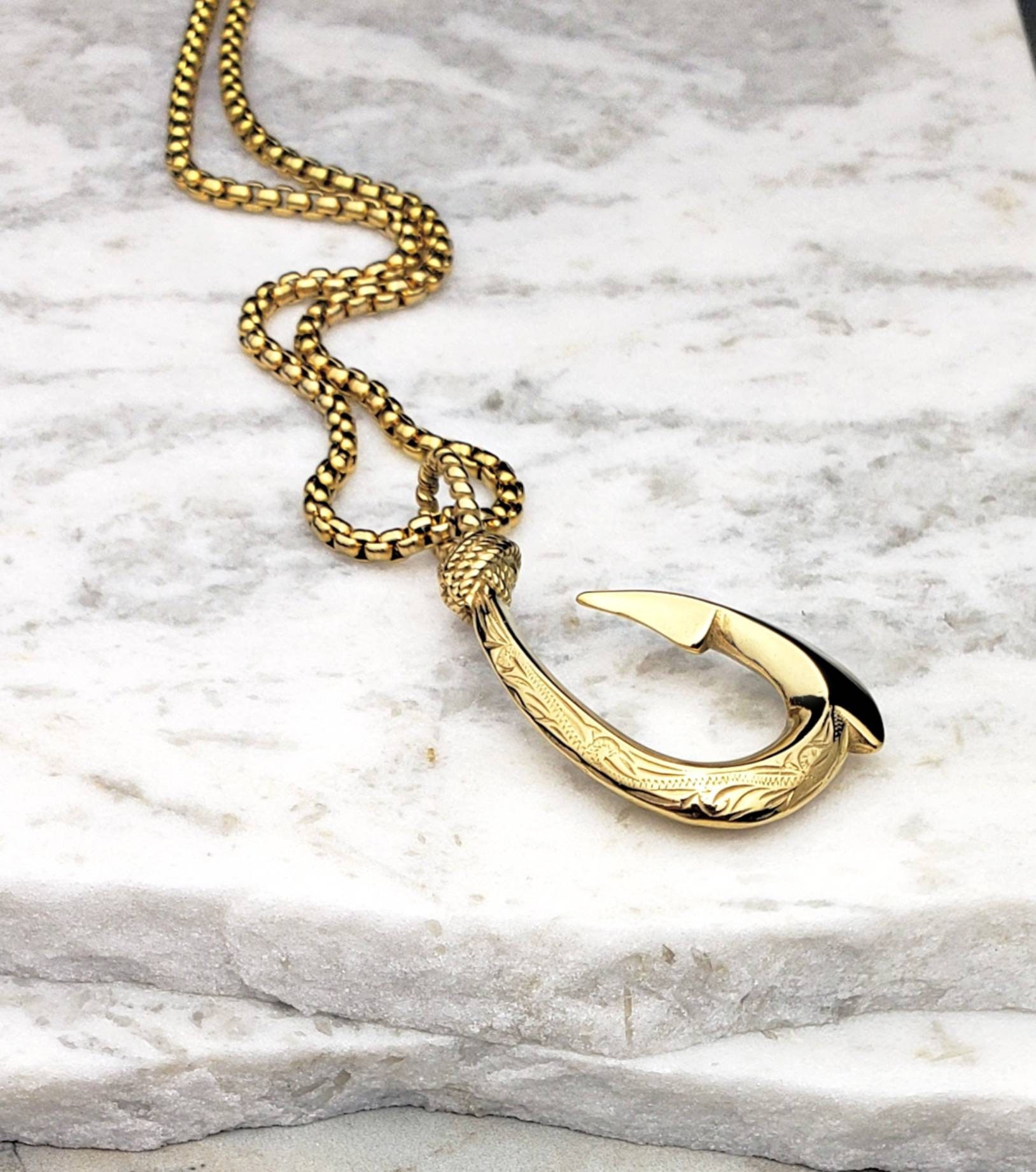 Men's tribal FISH Hook Necklace Men's Gold Stainless Steel